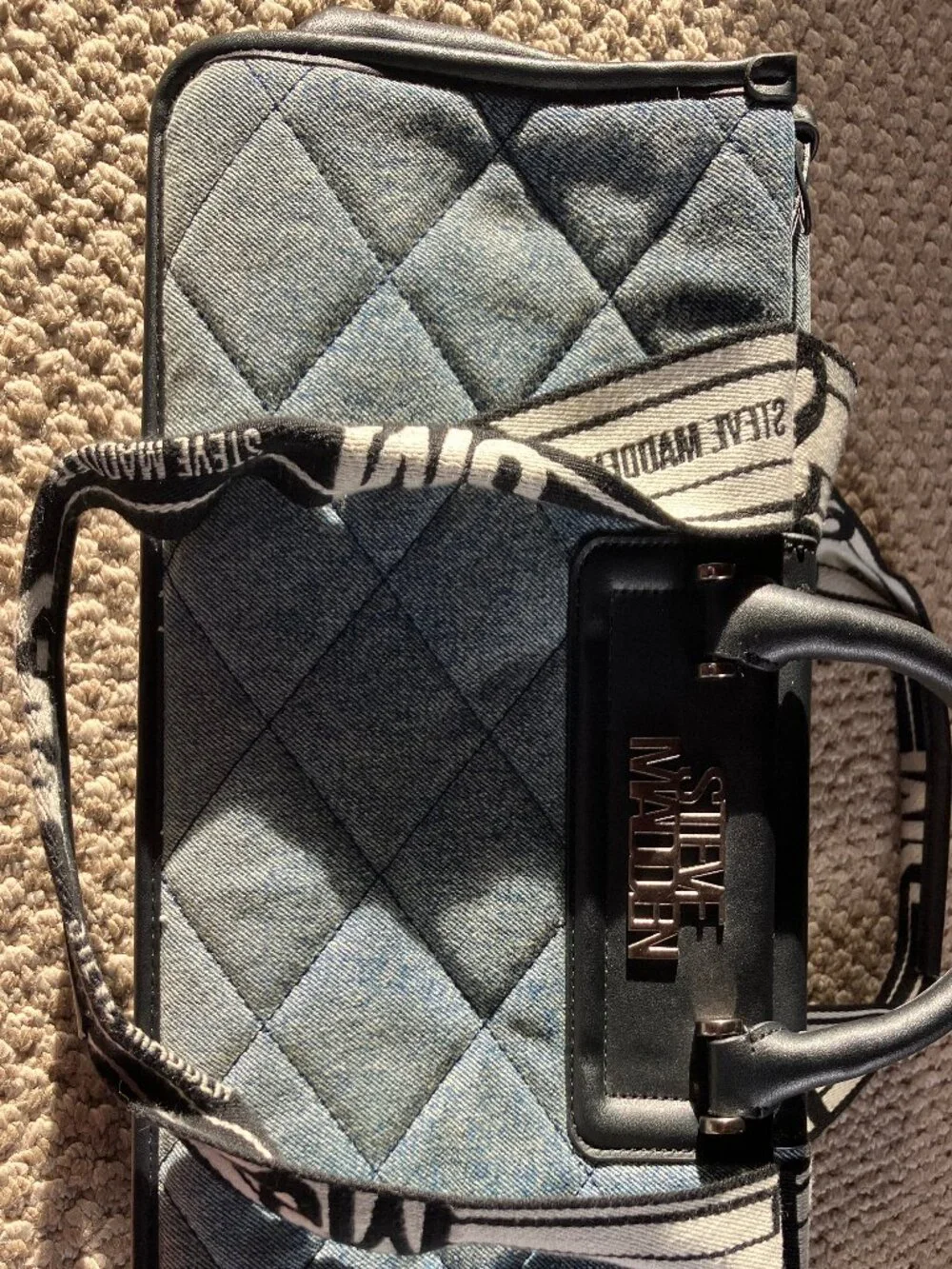 Steve Madden BCASIDY Satchel Tote-Washed Denim Blue | Quilted Denim + Logo Strap